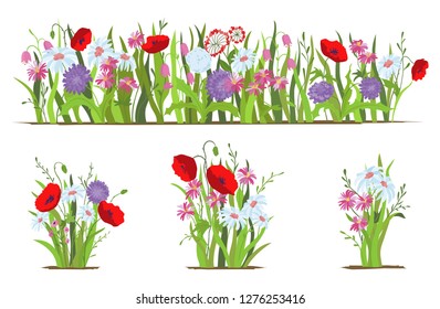 Flowerbed. Set of wild forest and garden flowers. Spring concept. Flat vector flower illustration isolate on a white background.