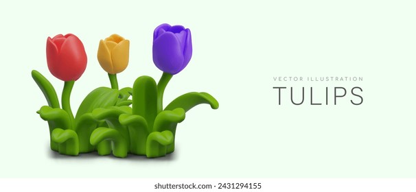 Flowerbed with tulips of different colors. Blue, red, yellow spring flower with green leaves