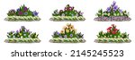 Flowerbeds set with different flowers, stones, grass. Landscape garden design elements. Vector illustration