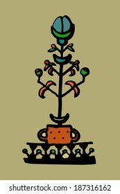 Flower.Card with blue flower in pot .Vector