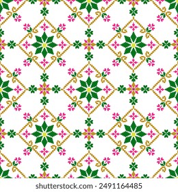 Flower-colored cross stitch. Geometric ethnic seamless patterns. Design for sarees, patolas, saris, dupattas, and clothing.  Detailed Vector 
Illustration for Textile Print Design.
