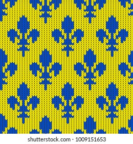 Flower-de-luce on a seamless vector woolen pattern. Knitted woolen pattern with Heraldic lilies. Blue royal lilies on yellow