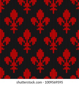 Flower-de-luce on a seamless vector woolen pattern. Knitted woolen pattern with Heraldic lilies. Red lilies on black