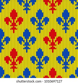 Flower-de-luce on a seamless vector woolen pattern. Knitted woolen pattern with Heraldic lilies. Pattern of blue and red lilies on a yellow