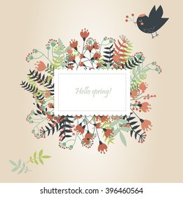 Flowered background with cute bird flying