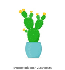 Flowered cactus in a flat style. Blossomed house succulent in pot. Vector illustration