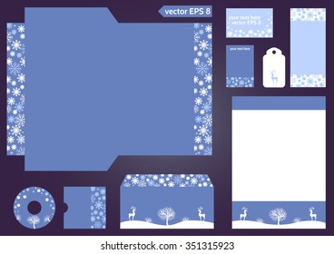 Flowered identity solutions for corporate or business,includes CD cover,business card, envelope and folder.Corporate identity vector templates set with doodles Christmas theme.Target marketing concept