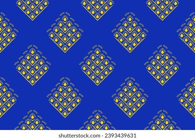 Flower,Flora,Pollen Geometric art on blue background oriental ikat ethnic seamless pattern.Design for background,cover,textile,wallpaper,clothing,wrapping,fabric,Vector illustration. embroidery style