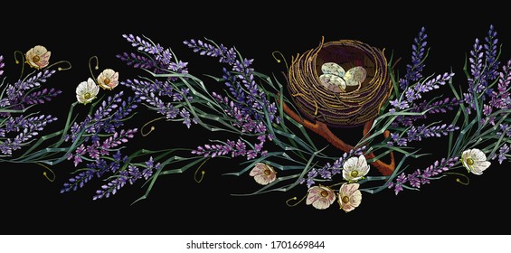 Flowering apple tree, lavender and bird nest with eggs. Horizontaal seamless pattern. Happy easter art. Embroidery design. Fashion spring garden style. Template for design of clothes, tapestry 