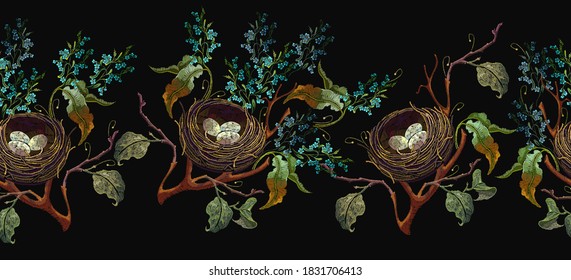 Flowering apple tree, meadow herbs and bird nest with eggs. Seamless pattern. Embroidery design. Happy easter art. Fashion spring garden concept. Template for design of clothes, tapestry 