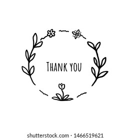 Flowering around Thank you text. Hand drawn vector ink illustration isolated on white background. Digital painting art drawing. Only outline, contour.