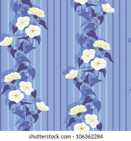 Flowering bindweed, seamless floral striped wallpaper in blue