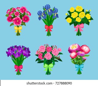 Flowering bouquets Set isolated on blue background. Bunch of flowers with bows for wedding or valentine vector illustration