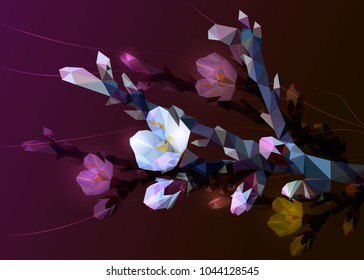 Flowering branch of almond with pink flowers from triangles. 10 eps
