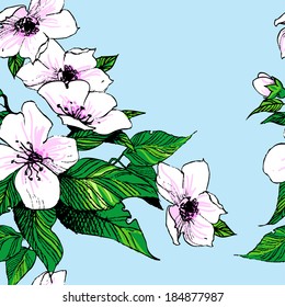 Flowering Branch of Apple. Hand drawn. Fills and outlines are separate groups, colors can be changed easily. 