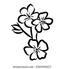flowering branch of apple tree. Hand drawing in ink, sketch, outline.