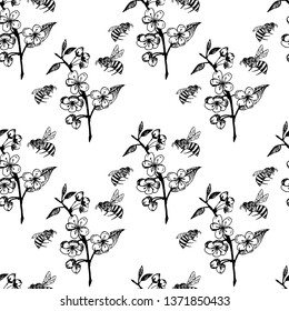 Flowering branch and bee. Seamless pattern. Vector illustration.