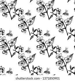 Flowering branch and bees. Seamless pattern. Vector illustration