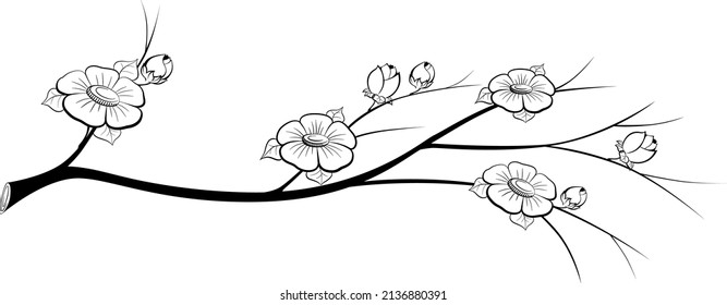 Flowering branch. Black and white. Vector drawing