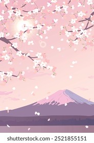 Rama floreciente de cerezos en flor sobre el fondo del monte Fuji. Una cima de montaña nevada a la luz del sol. Ilustración vectorial realista de la caída de pétalos blancos. Paisaje de primavera de la mañana en Japón.