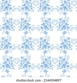 A flowering branch drawn by hand. The drawing is blue on a white background. Seamless pattern. The idea for a pattern for fabric, gift wrapping. Fon.