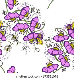 Flowering branch with insects. Abstract, elegant, bright, seamless pattern.
