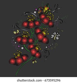 Flowering branch with insects. Vector illustration, bright, glowing, on a gray background, hand-drawn