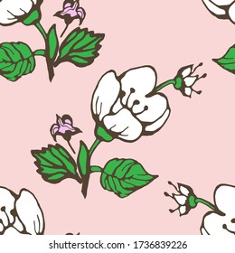 Flowering branch of jasmine seamless pattern.