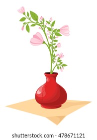 Flowering branch in a red ceramic vase isolated on white background. Vector illustration. EPS 10