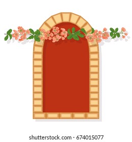 Flowering branch and stone arch. Quince blossoms. Realistic vector illustration on isolated background. Greeting card with  place for your text.