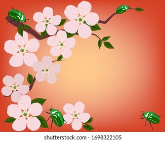 A flowering branch of wood with green beetles against the background of sunset color. Vector illustration