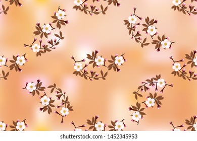 Flowering branches of cherry blossoms on brown abstract background. Sakura seamless floral texture. Vector