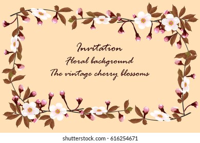 Flowering branches of cherry blossoms on a beige background with place for text. Postcard from the flowers and branches Sakura, vector