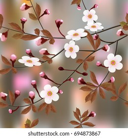 Flowering branches of cherry blossoms on an abstract colored background. Sakura seamless floral texture, vector