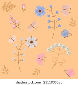 Flowering branches, leaves and butterflies on a delicate peach background. Seamless natural print for fabric. Vector illustration. Pattern for bed linen, underwear, wallpaper.