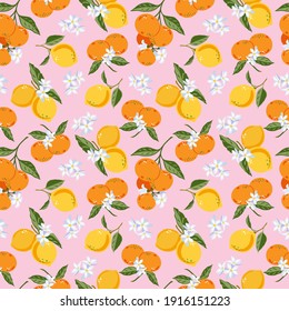 Flowering branches of lemon and tangerine Tropical fruits, leaves, flowers. Seamless vector pattern. For summer romantic covers, tropical wallpapers, wrapping paper, clothes, packages.