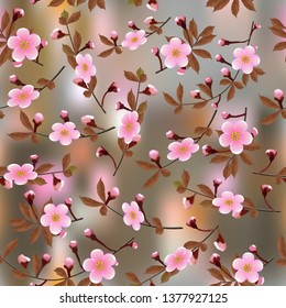 Flowering branches of pink cherry blossoms on an abstract colored background. Sakura seamless floral texture. Vector