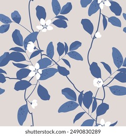 Flowering branches. Vector seamless pattern with blue branches and leaves and white flowers