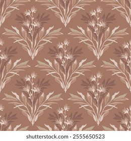 Flowering branches vector seamless pattern in Mocha Mousse brown tones. For textiles, wallpaper, and branding projects.