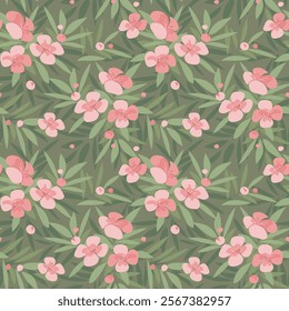 Flowering bush. Magnificent seamless background with pink flowers in green foliage. Vector