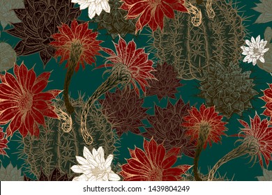 Flowering cacti. Gold, black, red and green color. Floral seamless pattern. Decorative background for fabrics, textiles, wallpaper, paper. Vector illustration art. Exotic luxury decor.