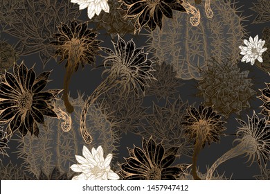 Flowering cacti. Gold, black, and white color. Floral seamless pattern. Decorative background for fabrics, textiles, wallpaper, paper. Vector illustration art. Exotic luxury decor.