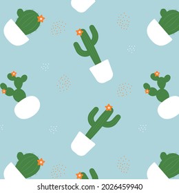 Flowering cacti in pots on a blue background. Seamless pattern