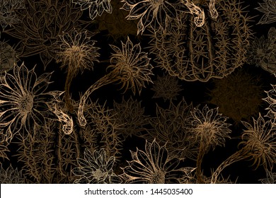 Flowering cacti. Print gold foil on black background. Floral seamless pattern. Template for fabrics, textiles, wallpaper, paper. Vector illustration art.