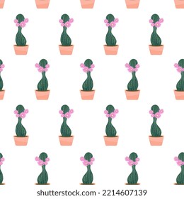 Flowering cacti seamless pattern vector illustration. Blooming green houseplants with light pink flowers. Cute abstract succulents in pots. Elements are isolated on white