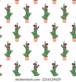 Flowering cacti seamless pattern vector illustration. Blooming green houseplants with crimson flowers in pots. Cute abstract succulent. Elements are isolated on white background