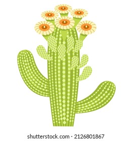 Flowering cactus - Carnegiea gigantea. Green cactus with white flowers isolated on white background. Arizona State Floral Symbol. Flat style. Vector.