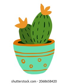 A flowering cactus in a green decorative ceramic pot. Colorful botanical vector isolated illustration on a white background. Doodle style