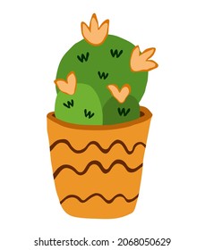 A flowering cactus in an orange decorative ceramic pot. Colorful botanical vector isolated illustration on a white background. Doodle style