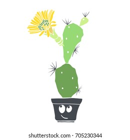 Flowering cactus in a pot. Cartoon vector illustration on white background, isolated element for design.